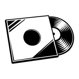 May include: Black and white illustration of a vinyl record partially inserted into its sleeve. The record is black with grooves, and the sleeve is white with a black circle and angled design.