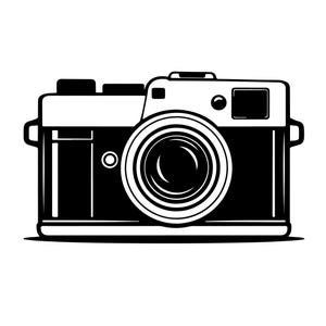 May include: A black and white illustration of a vintage camera. The camera has a prominent lens, a flash, and various buttons and dials. The design is a classic representation of a film camera.