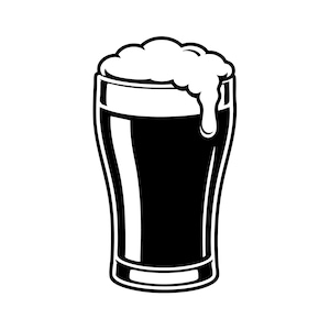 Puede incluir: Una ilustración gráfica en blanco y negro de un vaso de pinta lleno de un líquido oscuro y cubierto con una espesa capa de espuma blanca que gotea por el lado del vaso. El diseño presenta contornos marcados y un alto contraste.