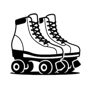 May include: Black and white illustration of a pair of roller skates. The skates have white boots with black laces and black wheels. The design is a classic, retro style, perfect for skating enthusiasts.