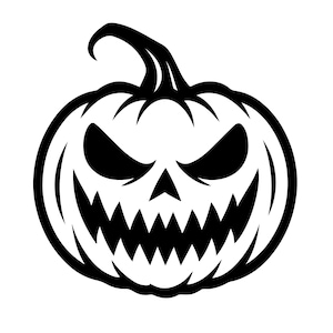 May include: A black and white illustration of a Halloween pumpkin with a carved, menacing face. The pumpkin has sharp, triangular teeth, angled eyes, and a curved stem, perfect for spooky decorations.