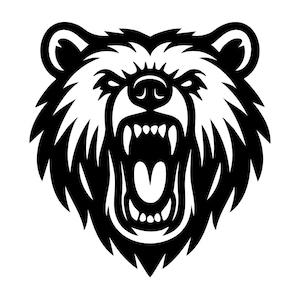 May include: A black and white illustration of a bear's head with an open mouth, showing its teeth. The bear's fur is stylized with sharp, pointed edges, and the eyes are narrowed, conveying a fierce expression. The design is bold and graphic.