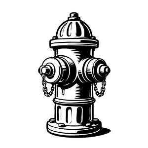 May include: Black and white illustration of a fire hydrant. The hydrant has a rounded top, two side nozzles with chains, and a base with rectangular cutouts. The image is a detailed, stylized drawing.