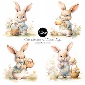 Cute Rabbits Clipart - Cute Watercolor Bunny Clip Art, Cute Bunnies Clipart, Clipart PNG, Commercial Use Digital Instant Download