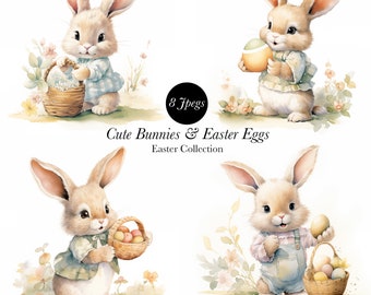 Watercolor Bunny Clipart – Cute Rabbits PNG, Commercial Use (Digital Download)