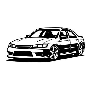 May include: Black and white illustration of a sedan car. The car has a low profile, sporty design with custom wheels. The image is a graphic, likely for a sticker or print.