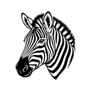 May include: A black and white illustration of a zebra's head. The zebra's head is turned slightly to the side, showcasing its distinctive striped pattern. The image is a graphic design, suitable for various applications.