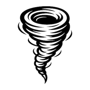 Puede incluir: Ilustración en blanco y negro de un tornado. La imagen representa un vórtice arremolinado con forma de embudo, que se estrecha hasta un punto en la parte inferior. El diseño es una representación gráfica simple de un fenómeno meteorológico.