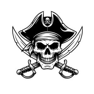 Könnte beinhalten: Schwarz-Weiß-Illustration eines Piratenschädels mit Hut und Bandana. Zwei gekreuzte Schwerter befinden sich hinter dem Schädel. Der Piratenhut hat ein Totenkopf- und gekreuzte Knochen-Emblem.