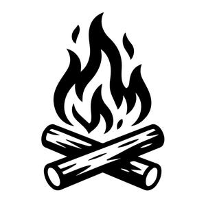 Pode incluir: Ilustração a preto e branco de uma fogueira. As chamas estilizadas elevam-se acima de dois troncos cruzados. O design é simples e arrojado, adequado para produtos com tema de exterior ou campismo.