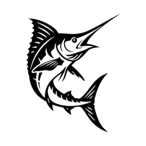 May include: A black and white illustration of a marlin fish, depicted in a dynamic, leaping pose. The fish has a long, pointed bill, a prominent dorsal fin, and a forked tail. The design is a stylized, graphic representation of the marine animal.