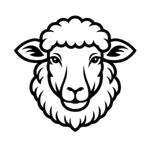 May include: A black and white illustration of a sheep's head, facing forward. The sheep has a fluffy, cloud-like woolly top, detailed ears, and a detailed outline. The image is a simple, clean design, suitable for various applications.