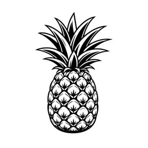 May include: A black and white graphic illustration of a pineapple. The design features a central oval-shaped fruit body with a textured diamond pattern and a crown of sharp, pointed leaves extending upwards in a symmetrical, stylised arrangement.
