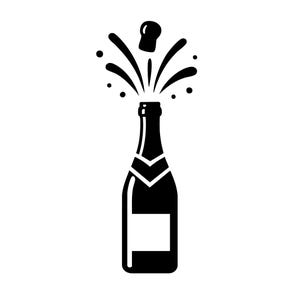 May include: A black and white illustration of a champagne bottle with the cork popping. The bottle is upright, with a blank label and a decorative neck. The cork is flying out, and liquid is spraying out from the top.