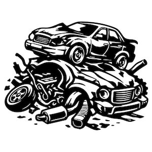 May include: Black and white illustration of two cars, one atop a pile of auto parts and a second car. The top car is intact, while the bottom car is crushed. The image depicts a junkyard or car wreck scene.