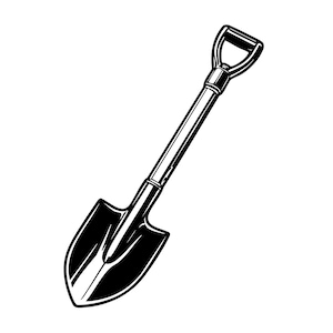May include: Black and white illustration of a shovel. The shovel has a rounded blade, a long handle, and a D-shaped handle grip. The design is a classic, simple style, suitable for gardening or landscaping.