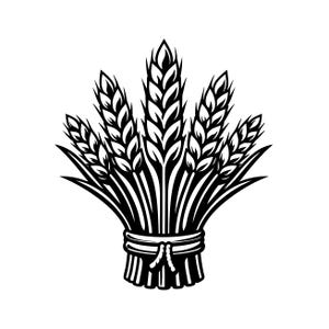 Peut inclure: Une illustration graphique en noir et blanc représentant une gerbe de cinq épis de blé attachés à la base par une cordelette. Le design présente des lignes marquées et un contraste élevé, soulignant la texture détaillée des grains.