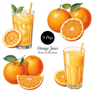 Collezione di clipart di succo d'arancia, illustrazione di succo d'arancia, clipart arancione, png di frutta arancione, pianificatori, album fai da te