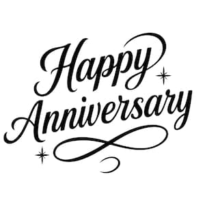 Pode incluir: Texto preto "Happy Anniversary" em elegante escrita cursiva sobre fundo branco. O texto apresenta enfeites decorativos e detalhes de estrelas. Ideal para cartões, presentes ou decorações festivas.