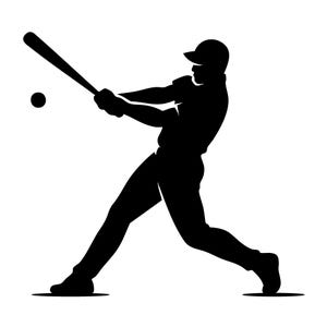 May include: A black silhouette depicting a baseball player in action, swinging a bat at a ball. The player wears a cap and is captured mid-swing, with the bat raised and the ball in flight.
