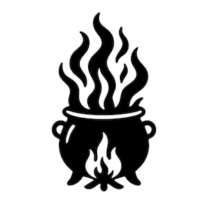 Könnte beinhalten: Schwarze Illustration eines Kessels mit Flammen, die von einem Feuer darunter aufsteigen. Der Kessel hat zwei Griffe und drei Beine. Die Flammen sind stilisiert und reichen nach oben.