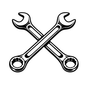 May include: Black and white illustration of two crossed wrenches. One wrench is a combination wrench with an open end and a box end. The other wrench is a combination wrench with an open end and a box end.