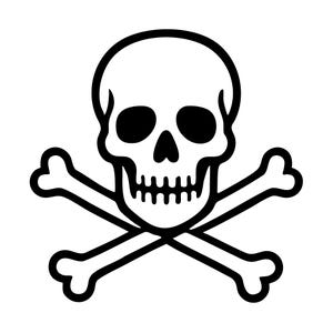 May include: A black and white image of a skull and crossbones. The skull has prominent eye sockets and a detailed jawline. The crossed bones are positioned beneath the skull, a well-known symbol of danger or poison.