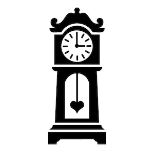 Può includere: Illustrazione in bianco e nero di un orologio a pendolo. Il quadrante indica le 2. Il pendolo è a forma di cuore. L'orologio è di design classico.