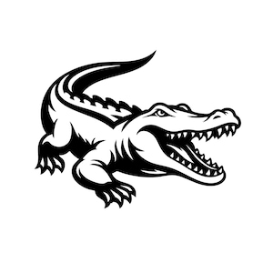 Op de afbeelding: Een zwart-wit illustratie van een alligator met open bek en scherpe tanden. De alligator is afgebeeld in een dynamische pose, met zijn staart omhoog gebogen. Het ontwerp is gedurfd en grafisch, geschikt voor diverse toepassingen.