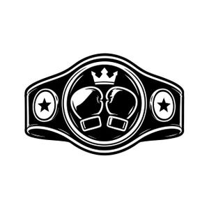 May include: A black and white graphic illustration of a championship belt. The central circular emblem features two boxing gloves positioned side by side beneath a crown icon. Two smaller oval side plates each contain a single five-pointed star.