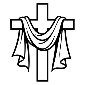 Puede incluir: Ilustración en blanco y negro de una cruz cristiana con un paño drapeado. La cruz es un contorno simple y audaz, y el paño está drapeado sobre la viga horizontal, con pliegues y bordes fluidos.