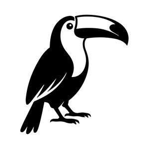 May include: A black and white illustration of a toucan bird. The bird is depicted in a side profile, showcasing its large, distinctive beak. The toucan has a white patch on its chest and a detailed eye.