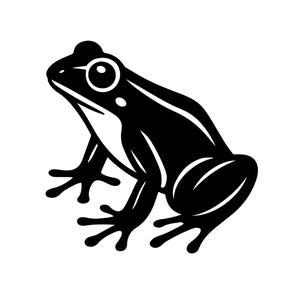 May include: A black and white illustration of a frog in a side profile. The frog has large eyes, visible toes, and a smooth body. The design is simple and graphic, suitable for various applications.