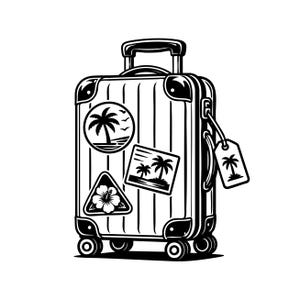 May include: A black and white illustration of a hard-shell rolling suitcase with a retractable handle and four wheels. The suitcase features three travel-themed stickers depicting palm trees and a hibiscus flower, plus a luggage tag with a palm tree.