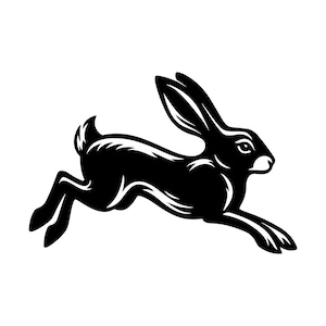 May include: A black and white illustration of a running rabbit. The rabbit is depicted in a dynamic pose, with its legs extended as it leaps forward. The artwork is a silhouette, with clean lines and a minimalist style.