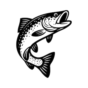 Op de afbeelding: Zwart-wit illustratie van een springende vis. De afbeelding toont gedetailleerde vinnen, schubben en een open bek. Geschikt voor producten met een vis-thema.