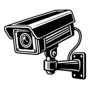 May include: Black and white illustration of a security camera. The camera has a rectangular body with a lens, a protective visor, and a mounting bracket. A cable extends from the camera to a wall mount.