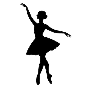 Puede incluir: Silueta negra de una bailarina en pose elegante. La bailarina lleva un tutú y zapatillas de punta, con un brazo levantado y el otro extendido. La imagen está sobre un fondo blanco.