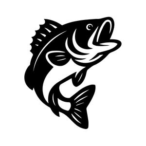 May include: A black and white illustration of a largemouth bass fish jumping upwards. The fish has its mouth open and fins extended, with detailed lines defining its scales and features. The image is a graphic design, suitable for fishing-related products.