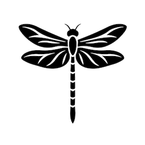 Può includere: Illustrazione in bianco e nero di una libellula. La libellula ha ali dettagliate e un corpo segmentato. Le ali sono curve con venature dettagliate. La libellula è centrata su uno sfondo bianco.
