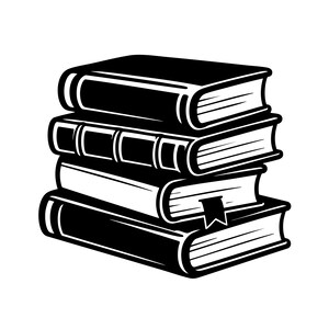 Può includere: Una pila di quattro libri rappresentata in uno stile di illustrazione grafica in bianco e nero. I libri sono posizionati orizzontalmente, con il secondo libro dall'alto che presenta dettagli sul dorso e un segnalibro che sporge dal terzo.