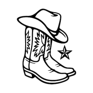 May include: Black and white illustration featuring a cowboy hat, cowboy boots, and a star. The boots have decorative stitching. The hat sits atop the boots. A star is positioned to the right of the boots.