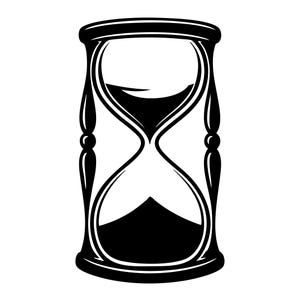 Könnte beinhalten: Schwarz-weiße Illustration einer Sanduhr. Die Sanduhr hat ein klassisches Design mit einem bauchigen oberen und unteren Teil, die durch einen schmalen Hals verbunden sind. Der Sand wird als dunkle Masse in der oberen Kammer dargestellt.