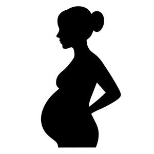 May include: A black silhouette of a pregnant person, shown in profile. The person's hair is styled in a bun. The hands are placed on the lower back, and the abdomen is prominently rounded, indicating pregnancy.