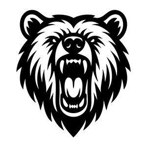 Puede incluir: Ilustración en blanco y negro de la cabeza de un oso con la boca abierta y los dientes a la vista. El pelaje del oso está estilizado con líneas angulares y afiladas, creando un diseño audaz y agresivo. Imagen gráfica de un oso.