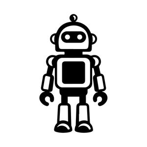 May include: A black and white illustration of a robot. The robot has a rounded head with two oval eyes and a small antenna. Its body is a square shape, and it has jointed arms and legs with curved hands and feet. The background is white.