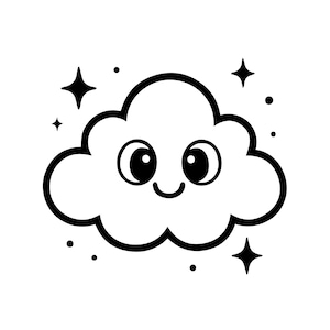 Puede incluir: Ilustración de dibujos animados en blanco y negro de una nube sonriente con ojos grandes y una boca curvada. La nube está rodeada de pequeños puntos y estrellas de cuatro puntas, creando un diseño caprichoso y alegre.