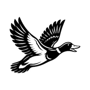 May include: A black and white illustration of a duck in flight. The duck is depicted with its wings spread wide, showcasing detailed feather patterns. The duck's beak is open, and it is set against a plain white background.