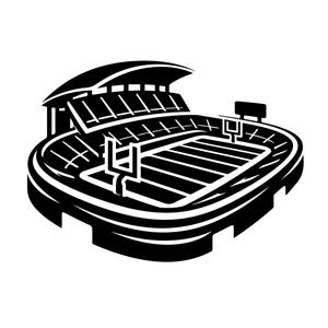 Può includere: Illustrazione in bianco e nero di uno stadio di football americano. Lo stadio presenta un campo con linee di yard, pali della porta e aree di posti a sedere. Il design è una semplice rappresentazione grafica di un luogo sportivo.
