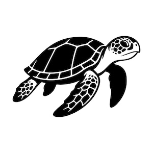 May include: A black and white illustration of a sea turtle. The turtle is shown in profile, highlighting its shell, flippers, and head. The shell features a geometric pattern, and the flippers have a textured design.